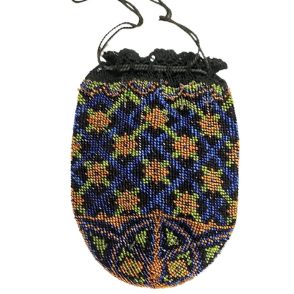 Antique Victorian 1900s Small Floral Beaded Reticule Handbag With Drawstring Top